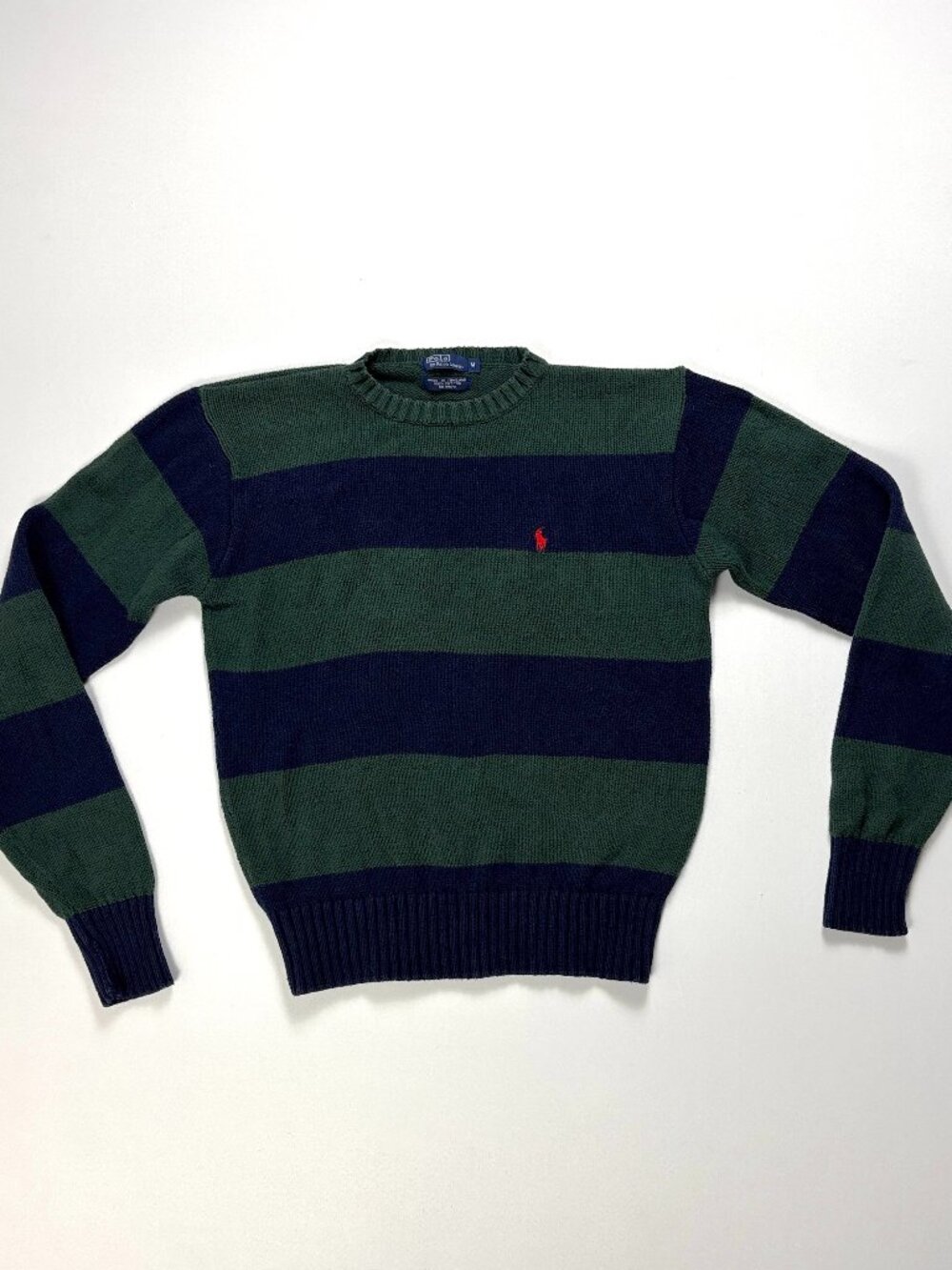 Vintage Polo Ralph Lauren Mens Crewneck Sweater Blue Green Striped S/M Pony Logo